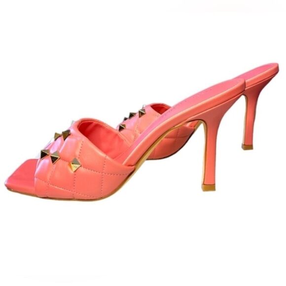 NWT Marc Fisher Pink Square Toe Quilted Kitten Heel Mules Gold Studded Feminine - Picture 6 of 6